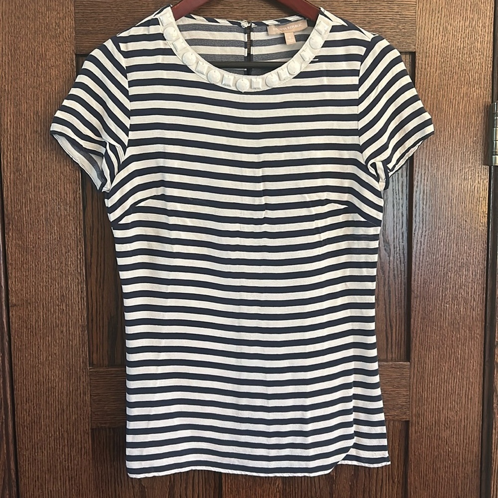 Banana Republic Navy & White Striped Blouse Jewel Neckline Women’s Size 4